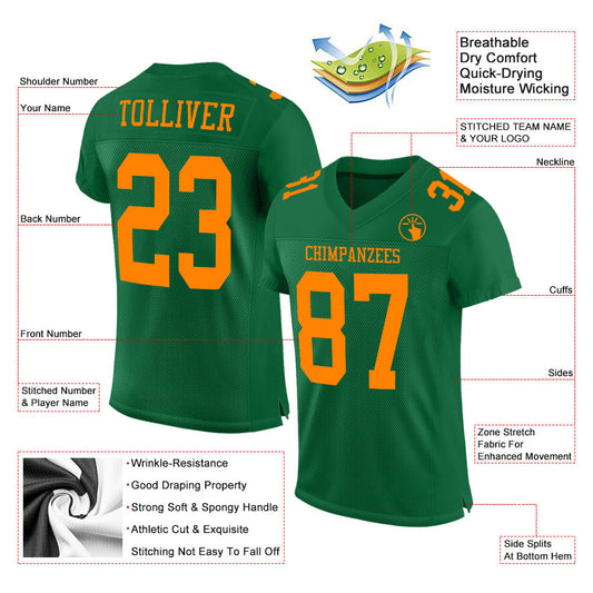 Custom Kelly Green Bay Orange Mesh Authentic Football Jersey