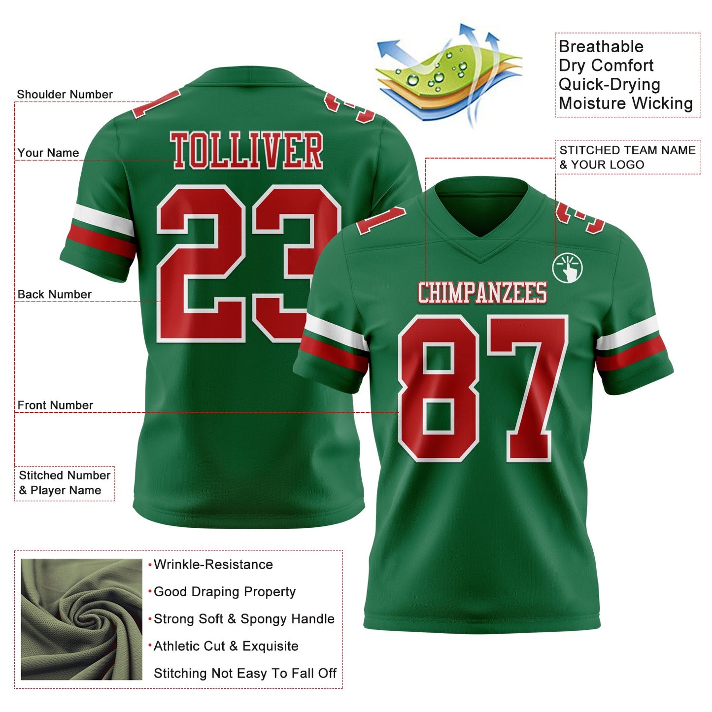 Custom Kelly Green Red-White Mesh Authentic Football Jersey