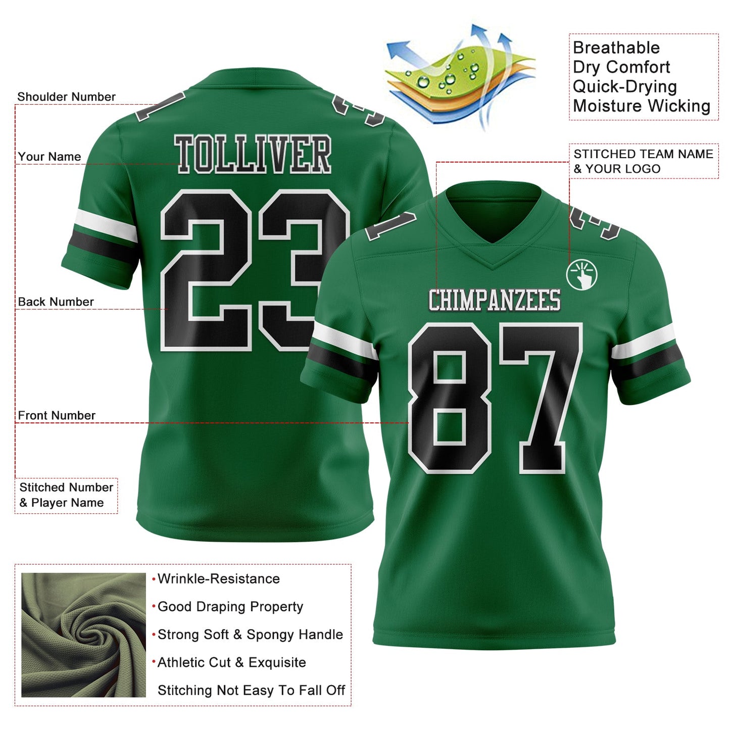 Custom Kelly Green Black-White Mesh Authentic Football Jersey