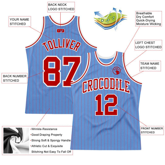 Custom Light Blue Red Pinstripe Red-White Authentic Basketball Jersey