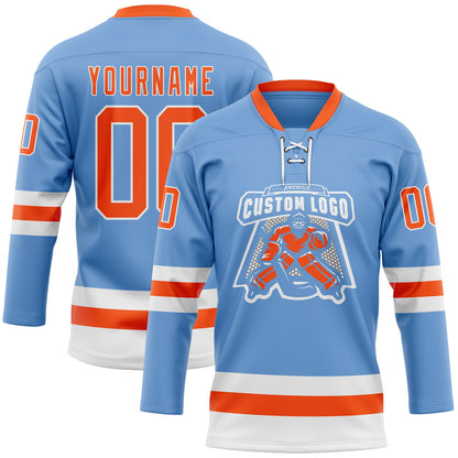 Custom Light Blue Orange-White Hockey Lace Neck Jersey