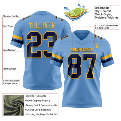 Custom Light Blue Navy-Gold Mesh Authentic Football Jersey