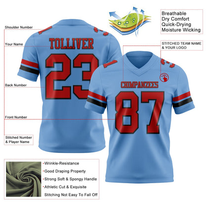 Custom Light Blue Red-Black Mesh Authentic Football Jersey