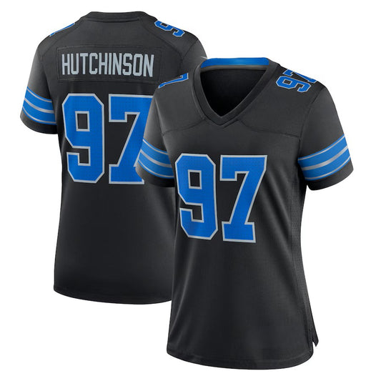Custom Women's Lions Blue/Black/White Exact Replica Football Jersey