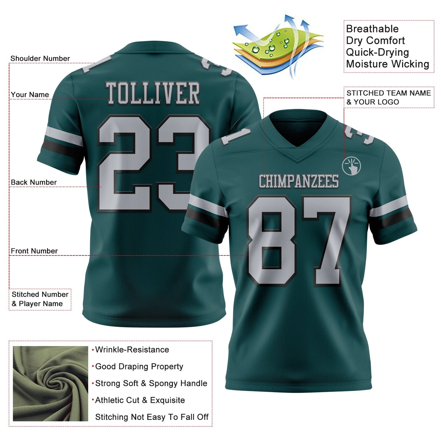 Custom Midnight Green Gray-Black Mesh Authentic Football Jersey