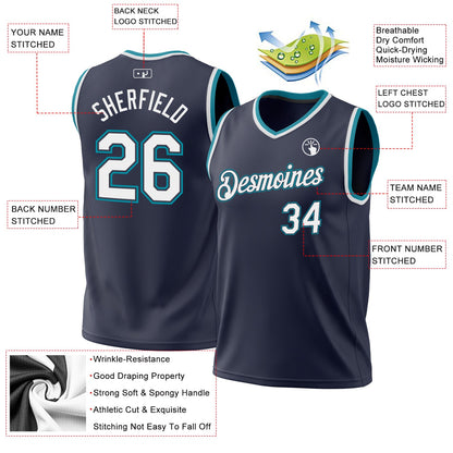 Custom Navy White-Teal Authentic Throwback Basketball Jersey