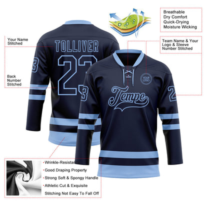 Custom Navy Light Blue Hockey Lace Neck Jersey