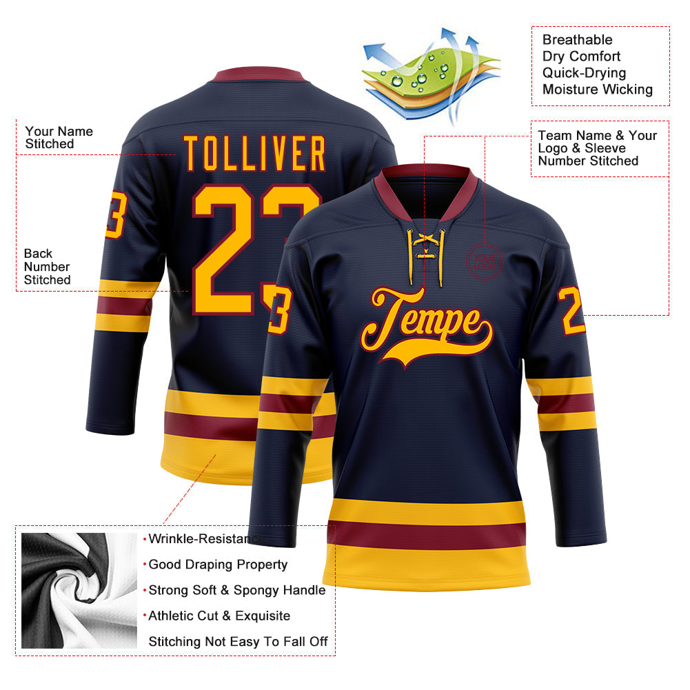 Custom Navy Gold-Crimson Hockey Lace Neck Jersey