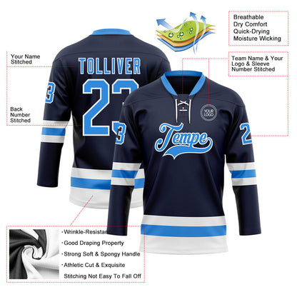 Custom Navy Powder Blue-White Hockey Lace Neck Jersey