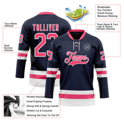 Custom Navy Neon Pink-White Hockey Lace Neck Jersey