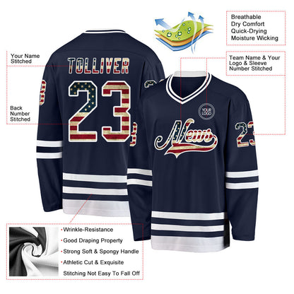 Custom Navy Vintage USA Flag-White Hockey Jersey