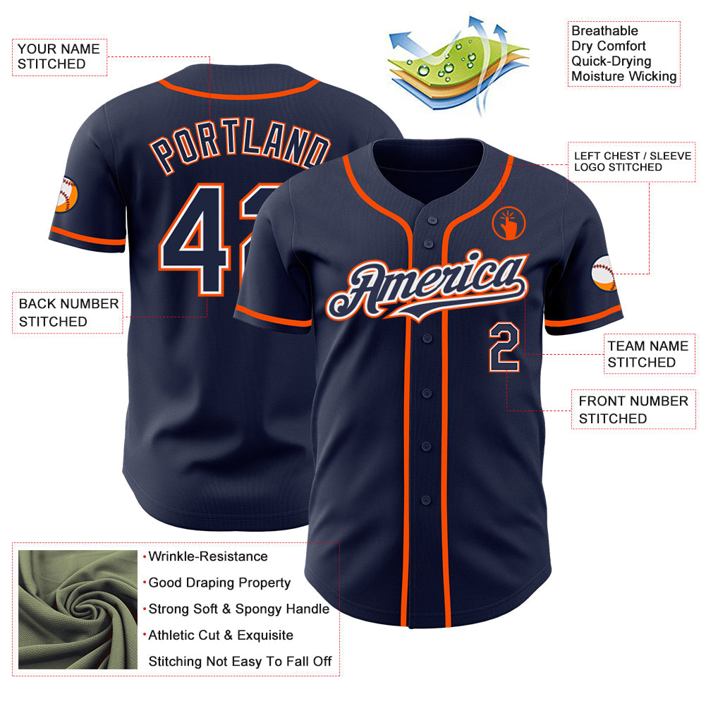 Custom Navy White-Orange Authentic Baseball Jersey