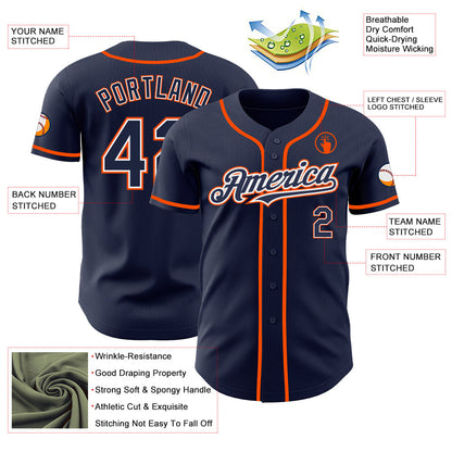 Custom Navy White-Orange Authentic Baseball Jersey