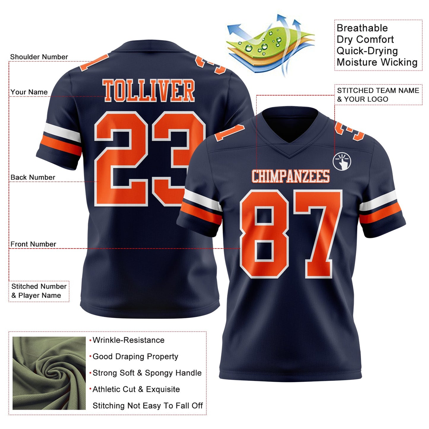 Custom Navy Orange-White Mesh Authentic Football Jersey