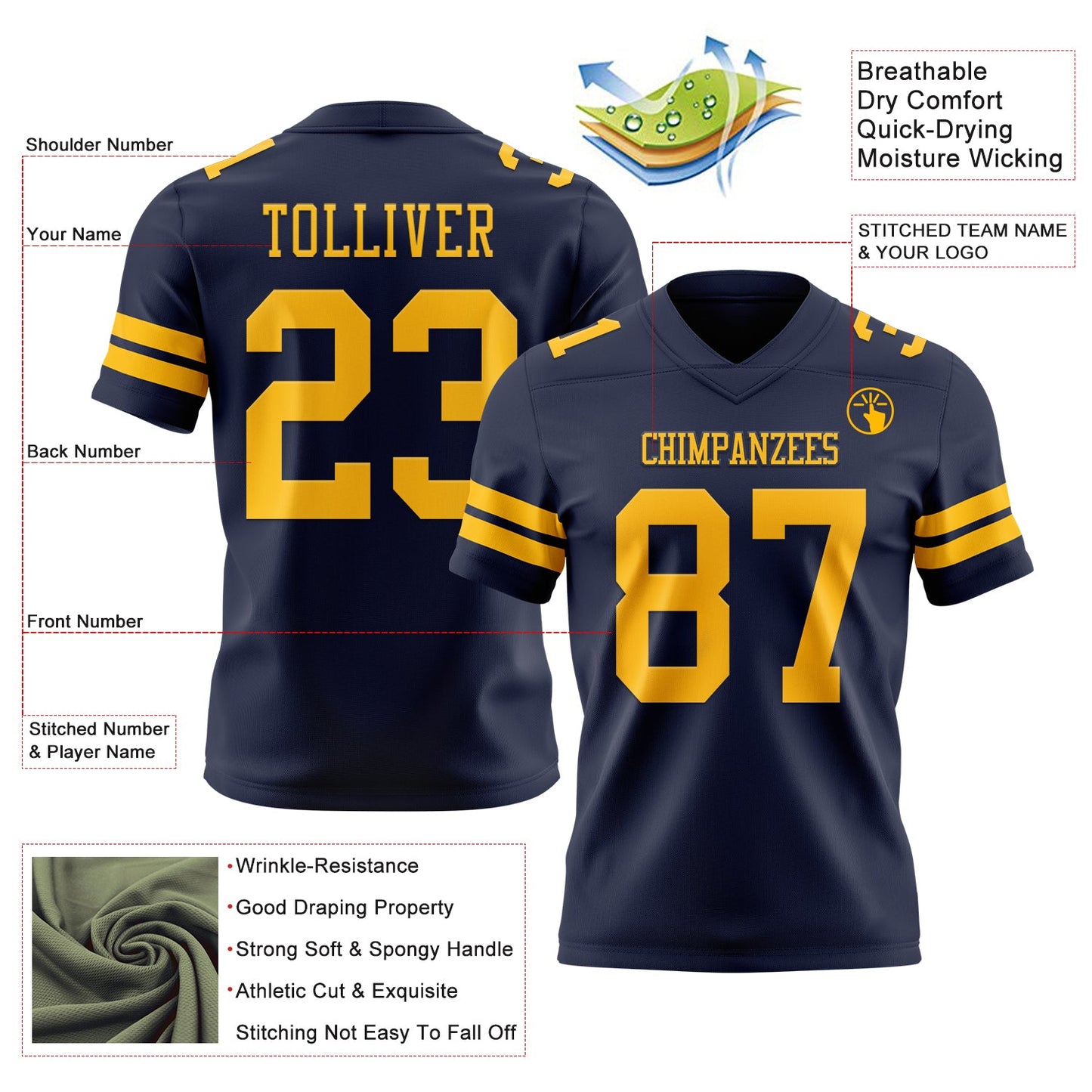 Custom Navy Gold Mesh Authentic Football Jersey