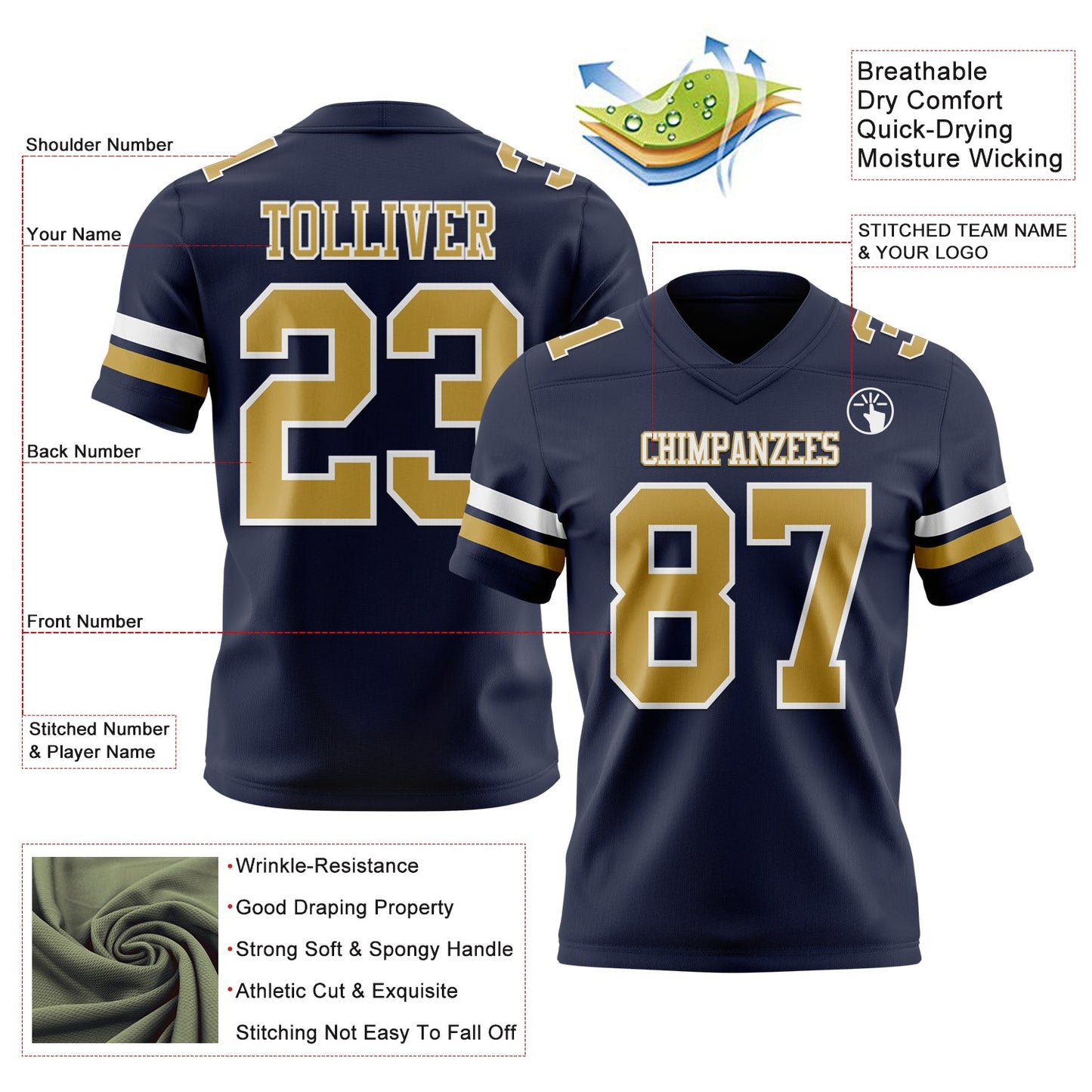 Custom Navy Old Gold-White Mesh Authentic Football Jersey