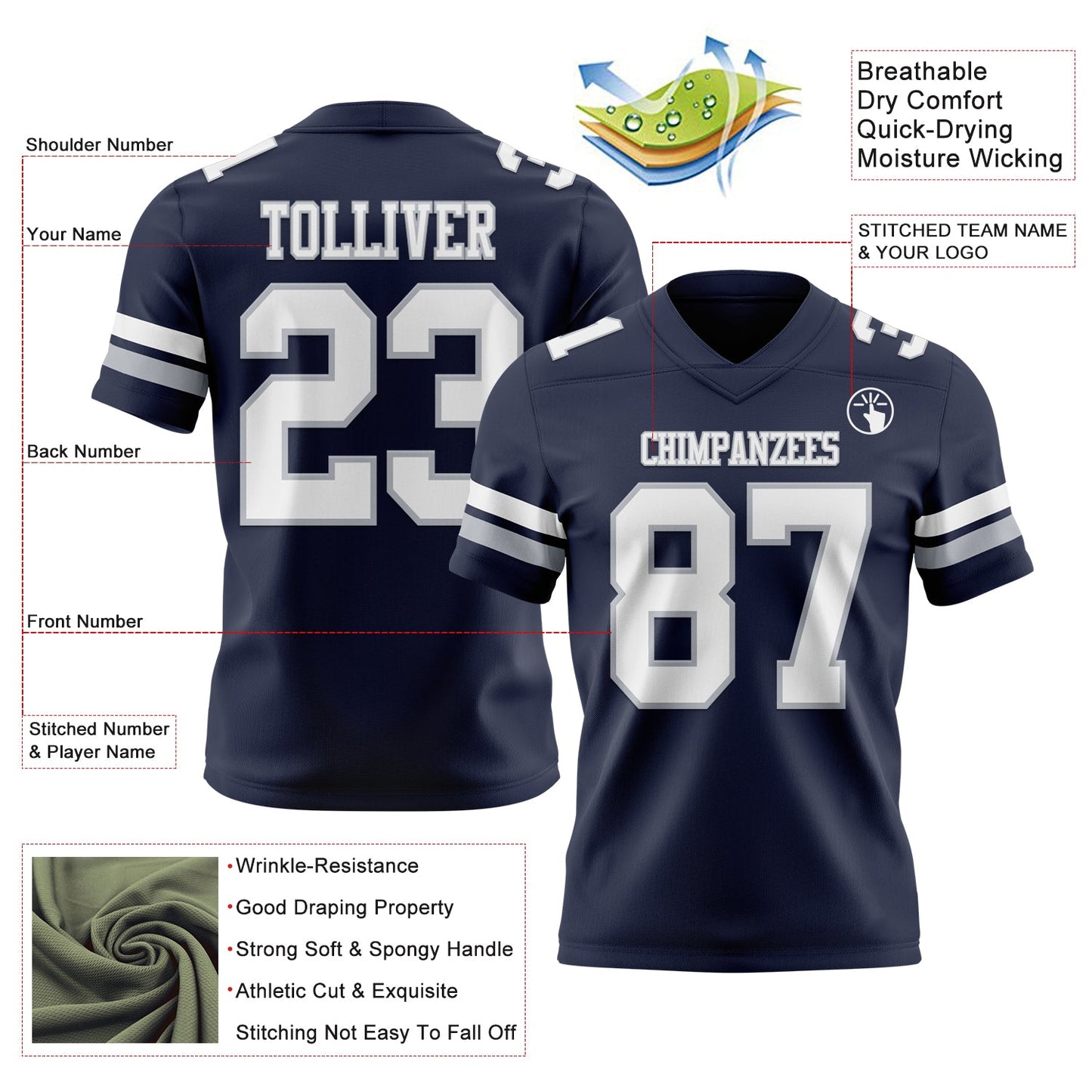 Custom Navy White-Gray Mesh Authentic Football Jersey