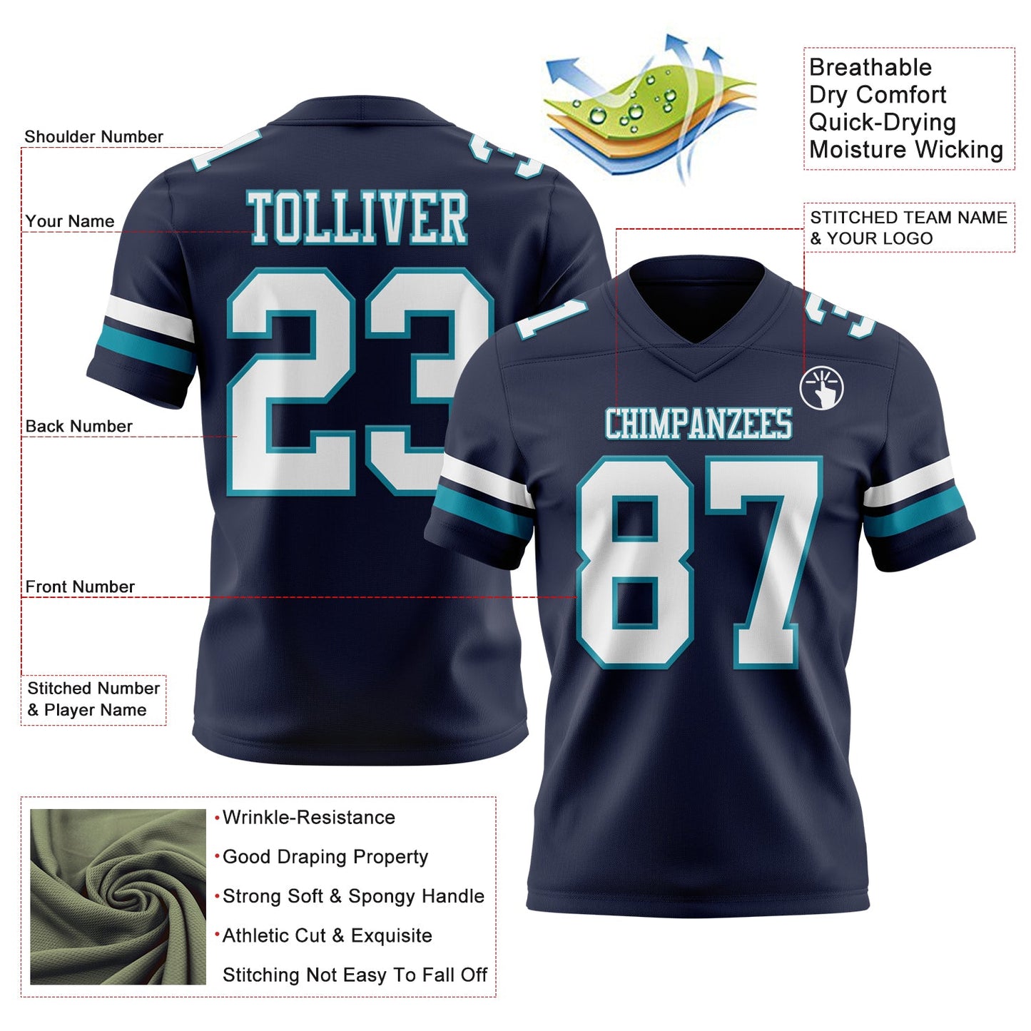 Custom Navy White-Teal Mesh Authentic Football Jersey