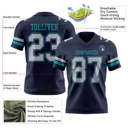 Custom Navy Gray-Teal Mesh Authentic Football Jersey