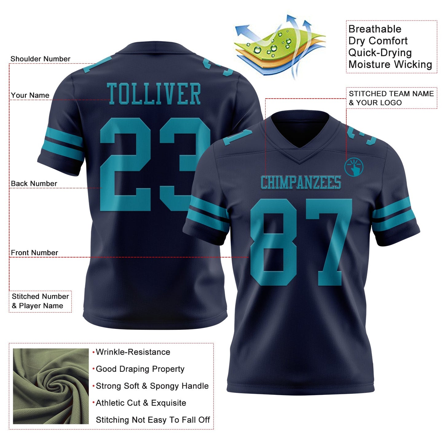 Custom Navy Teal Mesh Authentic Football Jersey