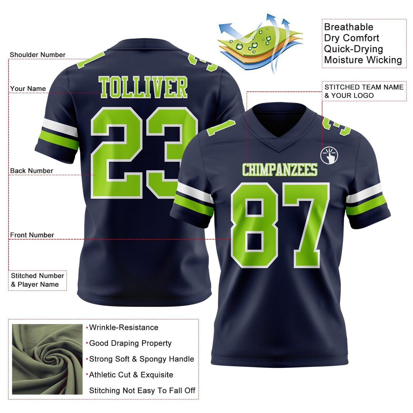 Custom Navy Neon Green-White Mesh Authentic Football Jersey