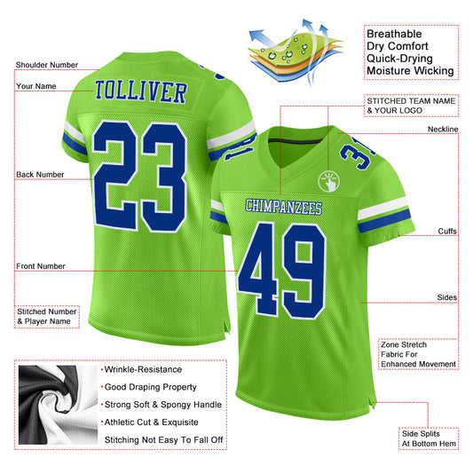 Custom Neon Green Royal-White Mesh Authentic Football Jersey