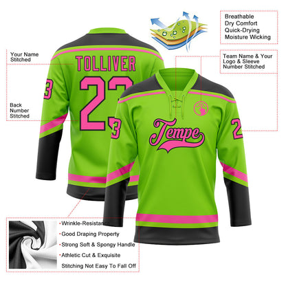Custom Neon Green Pink-Black Hockey Lace Neck Jersey