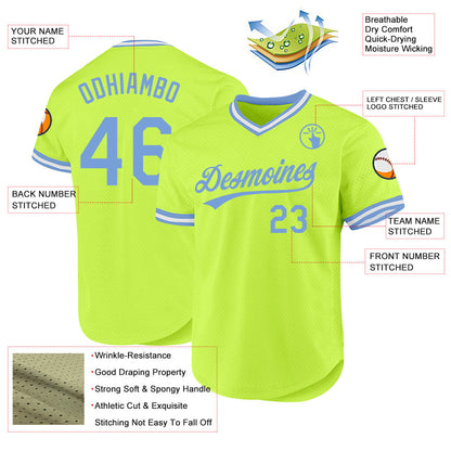 Custom Neon Green Light Blue-White Authentic Throwback Baseball Jersey