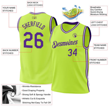 Custom Neon Green Purple-White Authentic Throwback Basketball Jersey