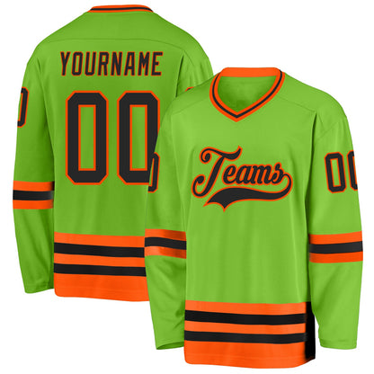 Custom Neon Green Black-Orange Hockey Jersey
