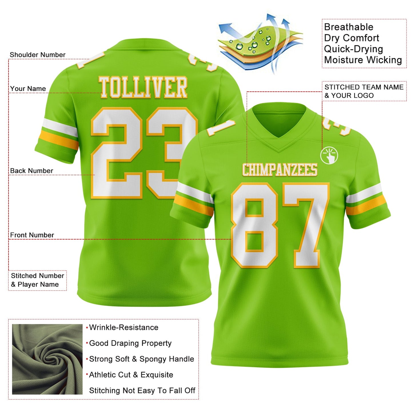 Custom Neon Green White-Gold Mesh Authentic Football Jersey