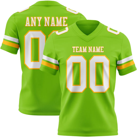 Custom Neon Green White-Gold Mesh Authentic Football Jersey
