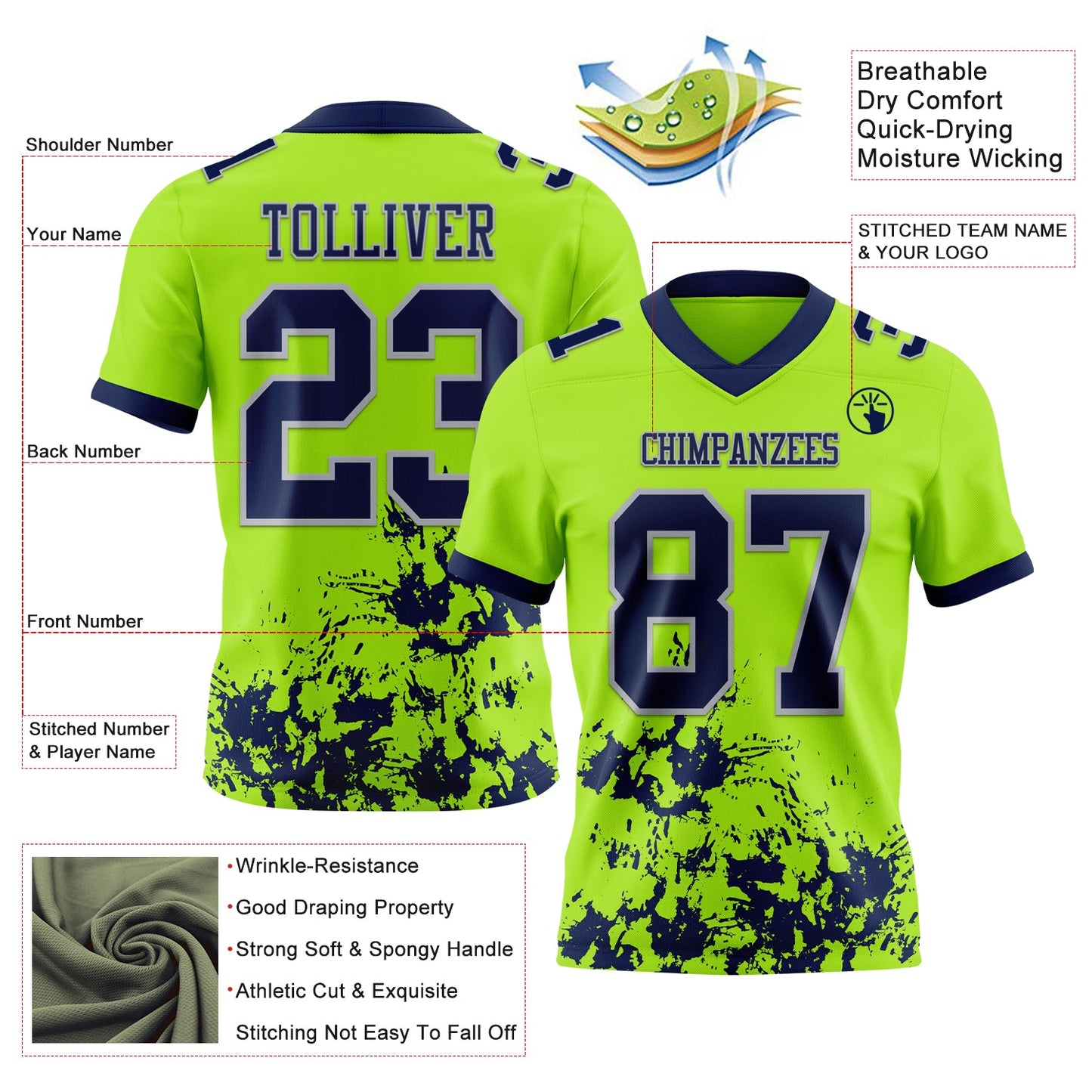 Custom Neon Green Navy-Gray Splash Mesh Authentic Football Jersey