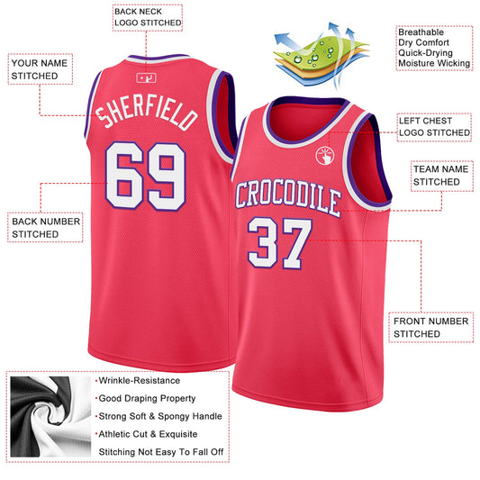 Custom Neon Pink White-Purple Authentic Basketball Jersey
