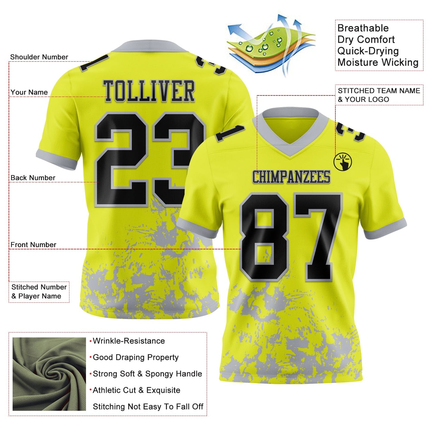 Custom Neon Yellow Black-Gray Splash Mesh Authentic Football Jersey