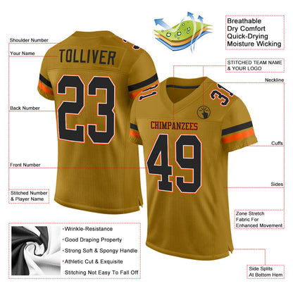 Custom Old Gold Black-Orange Mesh Authentic Football Jersey