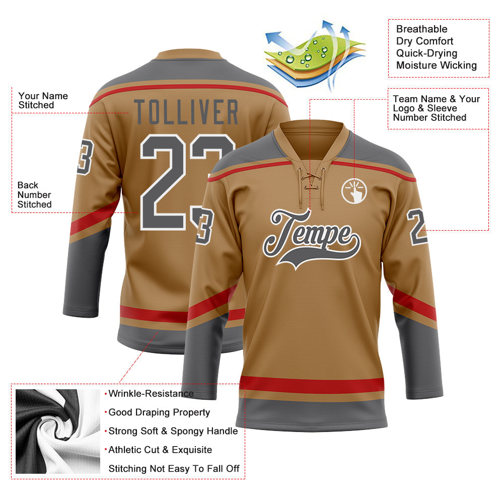 Custom Old Gold Steel Gray-White Hockey Lace Neck Jersey