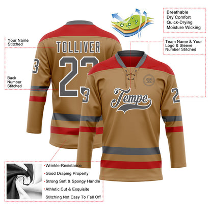 Custom Old Gold Steel Gray-Red Hockey Lace Neck Jersey