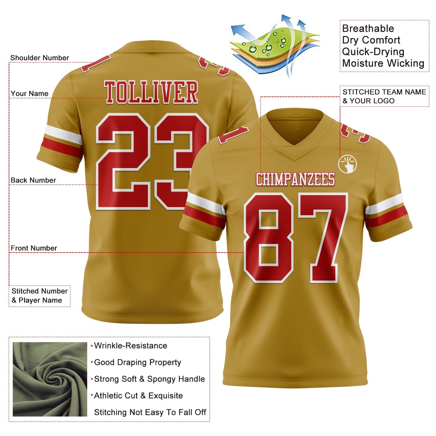 Custom Old Gold Red-White Mesh Authentic Football Jersey
