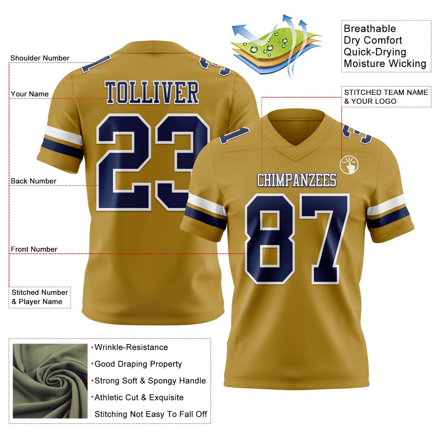 Custom Old Gold Navy-White Mesh Authentic Football Jersey