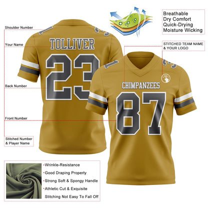 Custom Old Gold Steel Gray-White Mesh Authentic Football Jersey