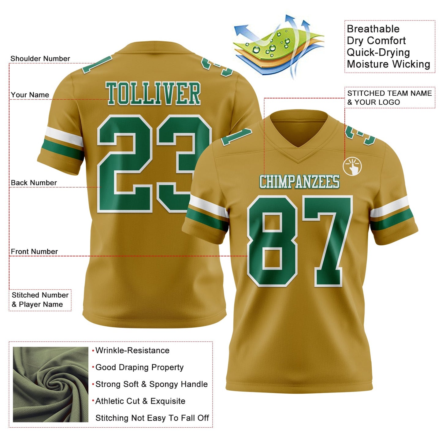 Custom Old Gold Kelly Green-White Mesh Authentic Football Jersey