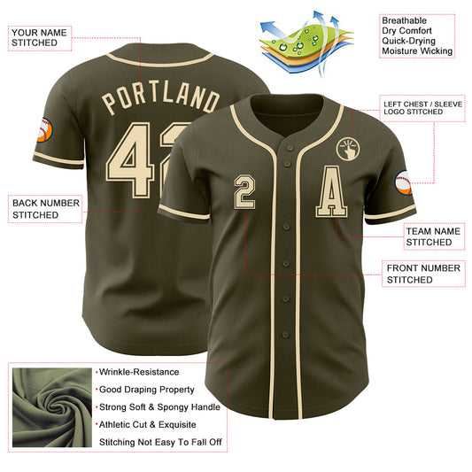 Custom Olive Cream Authentic Salute To Service Baseball Jersey