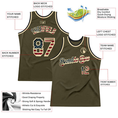 Custom Olive Vintage USA Flag Cream-Black Authentic Throwback Salute To Service Basketball Jersey