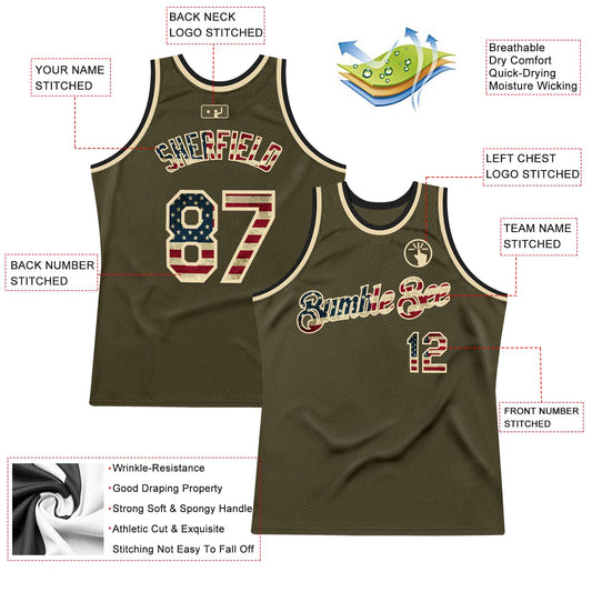 Custom Olive Vintage USA Flag Cream-Black Authentic Throwback Salute To Service Basketball Jersey