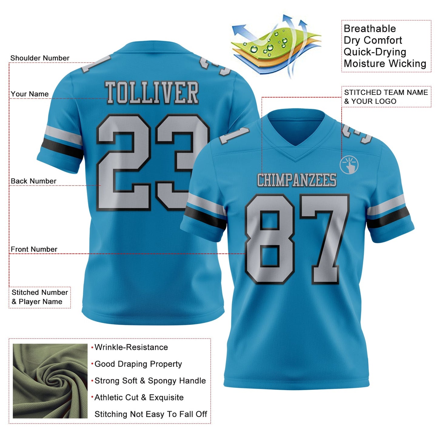 Custom Panther Blue Gray-Black Mesh Authentic Football Jersey
