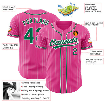 Custom Pink White Pinstripe Kelly Green Authentic Baseball Jersey