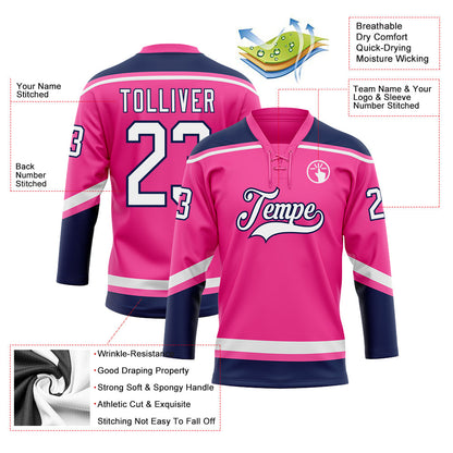 Custom Pink White-Navy Hockey Lace Neck Jersey