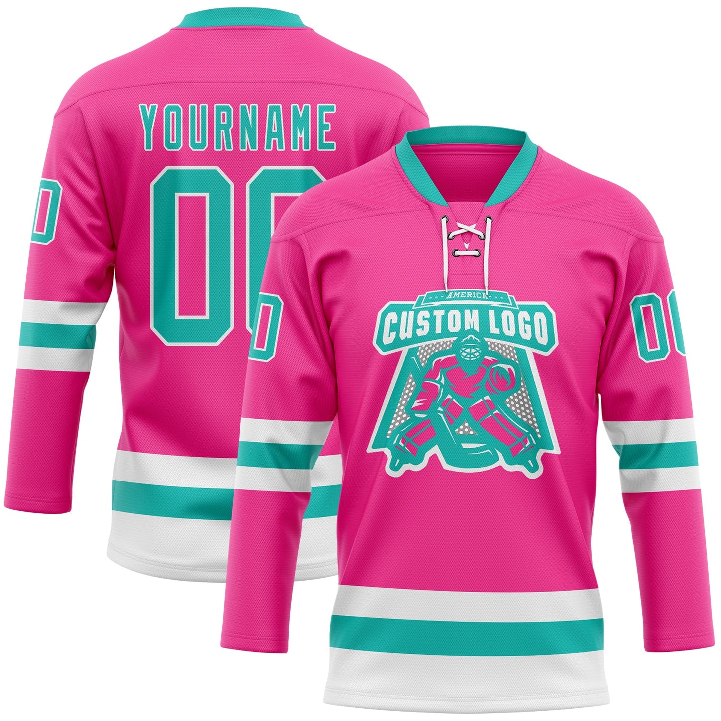 Custom Pink Aqua-White Hockey Lace Neck Jersey