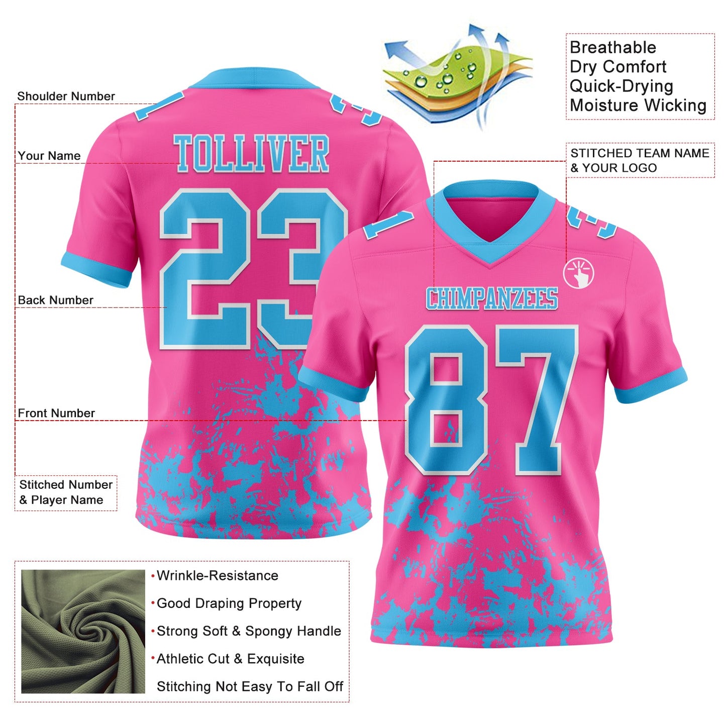 Custom Pink Sky Blue-White Splash Mesh Authentic Football Jersey